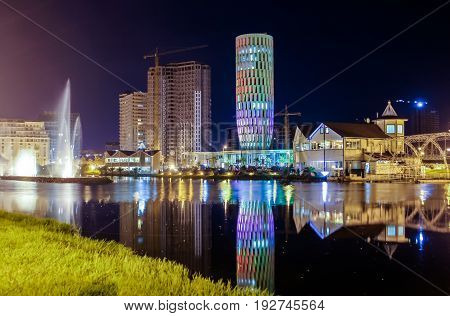 BATUMI GEORGIA-JULY 7 2015 Dancing Fountains on Ardagani Lake. Light and musical fountains installed back in 2009