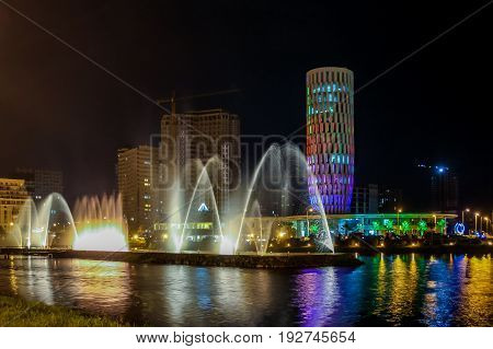 BATUMI GEORGIA-JULY 7 2015 Dancing Fountains on Ardagani Lake. Light and musical fountains installed back in 2009