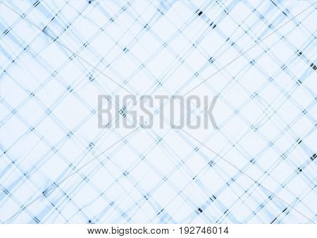 Abstract light bluish background covered are unevenly intersecting blurred bluish thin lines and black spots