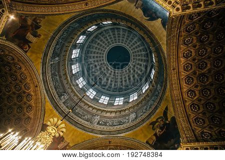Saint Petersburg, RUSSIA - MAY 30, 2017: View from inside on the dome of Kazan Cathedral or the Cathedral of the Kazan Icon of the Mother of God St Petersburg, Russia, ancient bas-reliefs and painting