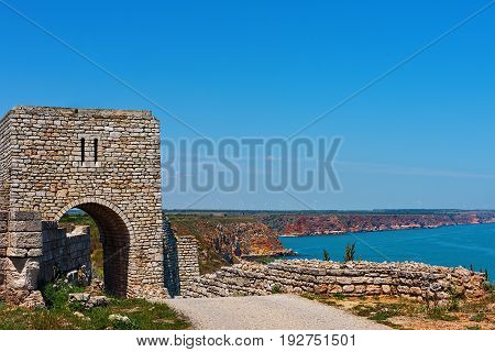 KALIAKRA CAPE, BULGARIA - MAY 30, 2017: Restored gate of ancient greek fortress in Kaliakra National Park