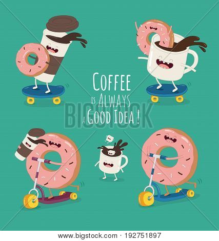 Cartoon comic coffee cup and donut. Take coffee and donut with you. Vector cartoon illustration. Coffee to go.