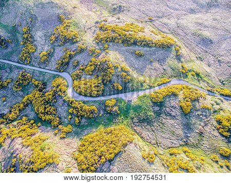 Aerial view of scottish single track road with passing places broom on a moor in the highlands, uk