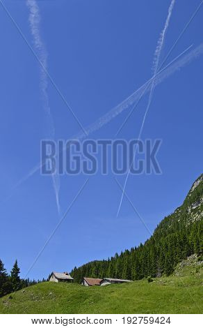 The mid-June rural landscape of the Carnic Alps near Paularo Friuli Venezie Giulia north east Italy.