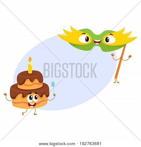 Smiling birthday party characters - mask and two layered cake with candle, cartoon vector illustration with space for text. Funny chocolate birthday cake and fance mask characters, mascots