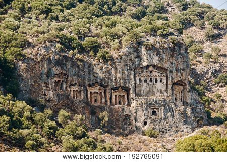 Famous Lycian Tombs of ancient Caunos city, Dalyan, Turkey.