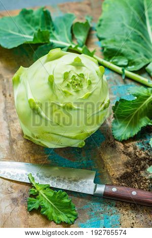 Fresh Green Kohlrabi With Green Leaves Ready To Eat