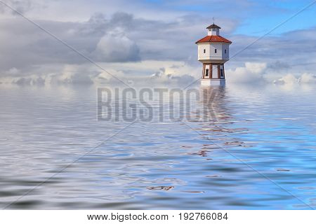 Simulated photo of lighthouse at the island of Langeoog illustrating flooding due to global warming