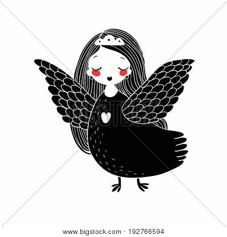Girl Sirin. Mythological bird. Russian folklore. Isolated objects on white background. Vector illustration.