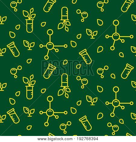 Vector seamless pattern with yellow plants leaves and molecules on dark green backdrop. Agricultural background. Fertilizer illustration. Can be used for print on clothes package banner wrapping paper. EPS10.