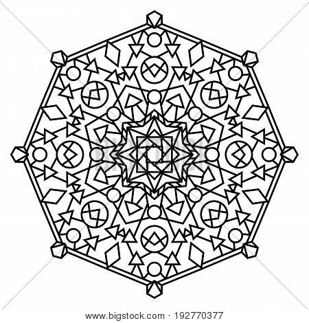 Intricate geometric mandala isolated on white background. Geometric design element. Can be used as coloring page template. Symmetrical vector illustration