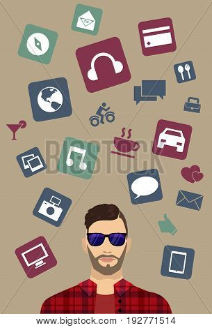 Modern icons, man background vector with different icons