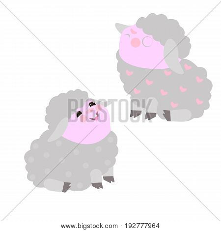 Vector flat illustration with cute lamb. Cartoon animal. Laughing lamb. Joy.