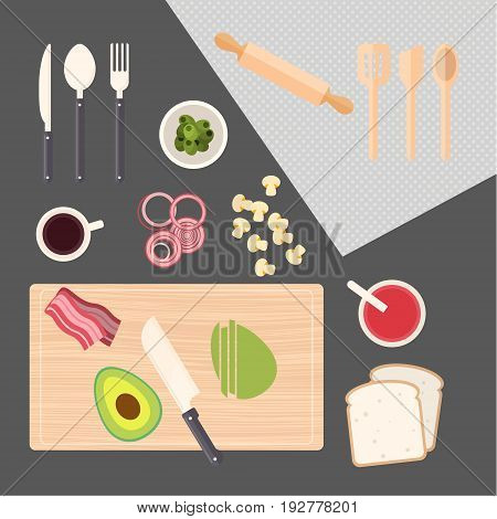 Kitchen cooking concept in top view vector