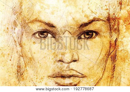 Mystic man. pencil drawing on old paper. Color effect