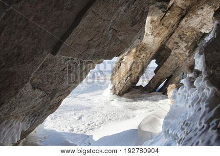 Cave In Cape Uyuga. Lake Baikal, Winter