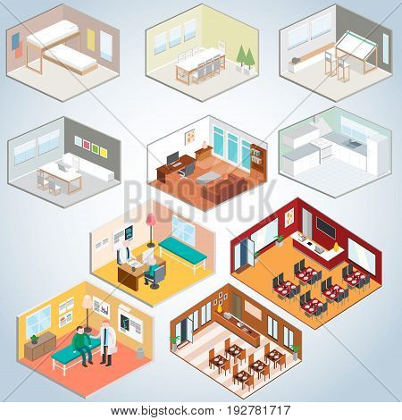 Collection of Isometric isolated interior rooms vector