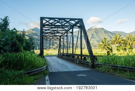 Old metal girder and wood bridge on the road to Hanalei from Princeville in Kauai, Hawaii
