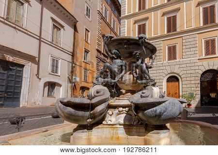 View of the famous fountain of turtles in Rome. Italy.