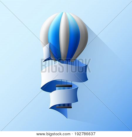 Air blue white ball flying in the blue sky and wrapped ribbon banner for accommodation of congratulations and parting words.