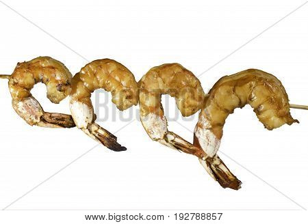 Fried prawn on the wooden stick. BBQ. Close up. Isolater on white.