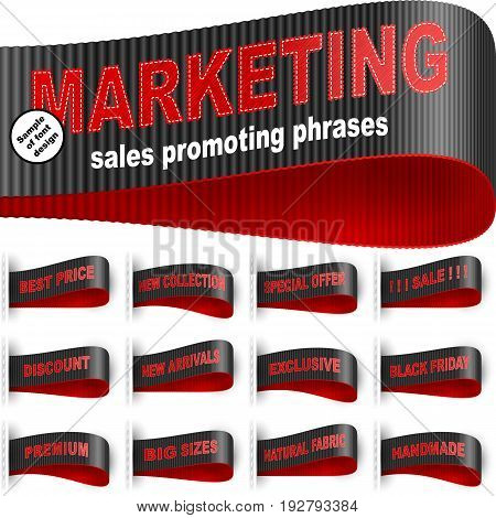 Clothes labels for sale promotion; Tags with embroidered marketing phrases; Best price Big sizes Discount Sale Special offer Handmade Black friday Exclusive; Vector set of black icons