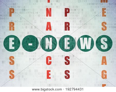 News concept: Painted green word E-news in solving Crossword Puzzle on Digital Data Paper background