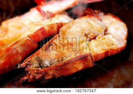Japan food shrimp hot teppan yaki grill.