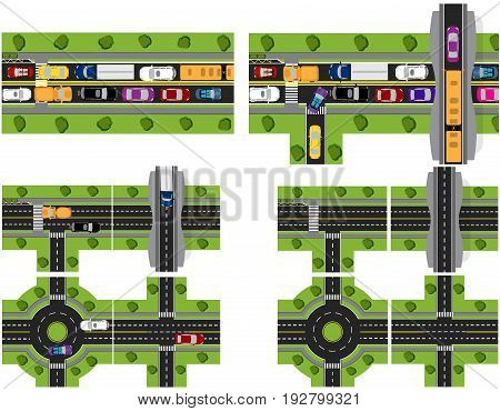 Set of abstract road junctions. Crossroads of various roads. Roundabout Circulation. Difficult traffic. Vector illustration