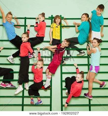 Big group of happy preteen boys and girls in sweatsuits exercising on the bars of wall-mounted gym ladder