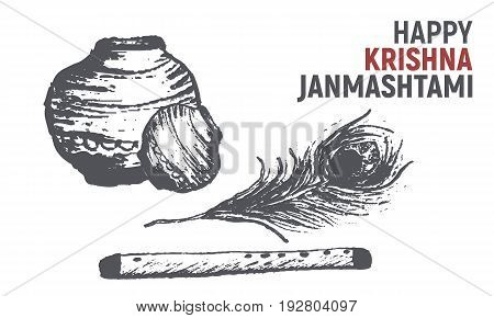 Happy Krishna Janmashtami sketch for greeting card banner template