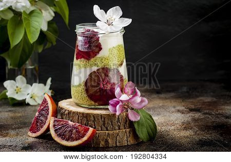 Detox layered matcha green tea chia seed pudding with blood oranges. Vegan dessert with coconut whipped cream. Healthy vegetarian breakfast dieting weight loss food. Copy space