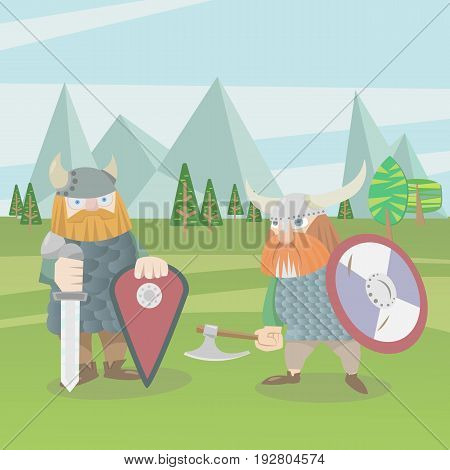 Two viking warriors characters vector flat style illustration
