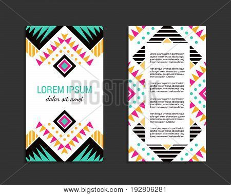Aztec style colorful vertical flyer. American indian pattern design. Front and back pages. Ornamental blank with ethnic motifs. Tribal decorative template. EPS 10 vector concept. Isolated.