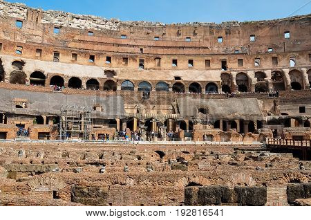 Rome, Italy - April 7, 2017 : People are visiting Colosseum. Colosseum the most well-known and remarkable landmark of Rome and Italy.