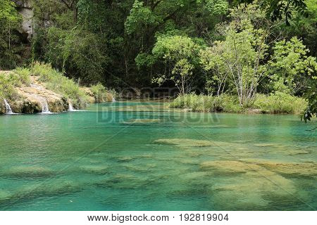 Semuc Champey natural swimming pools in middle of the jungle, Guatemala
