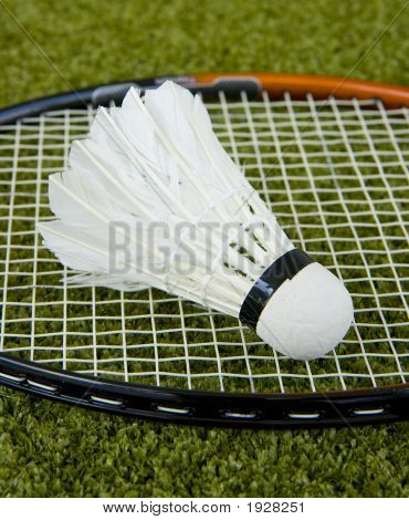 Badminton racchetta e un volano sull'erba