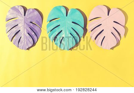 Painted tropical monstera leaves with hard shadow on a yellow background