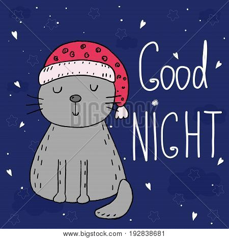 Good night vector card with cute Funny Cartoon cat
