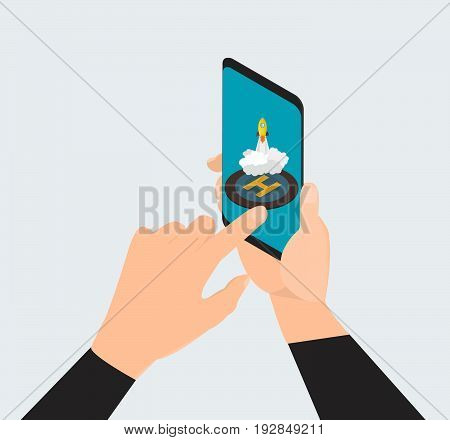 Man hand touching screen on modern digital smartphone. -stock vector
