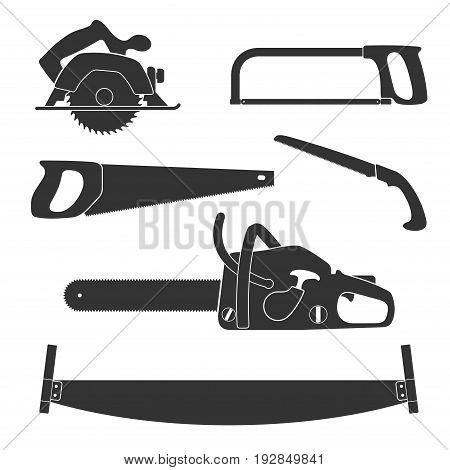 Lumberjack and woodworking tools icons isolated on white background. Axeman instruments saw set. Carpentry tools for sawing wood products. Timber industry vector illustration.