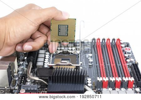 Someone hand holding CPU show the ic surface and under have motherboard open socket mount for cpu isolated on white bakcground