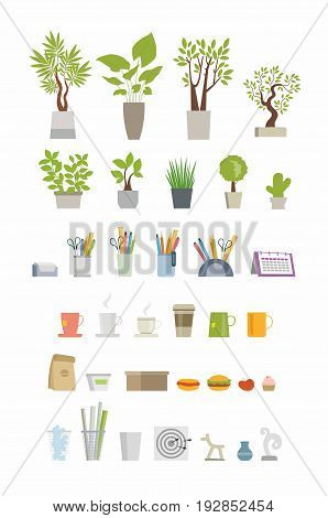 Office Essentials - modern color vector flat icons set. Room trees, plants, cactus, vase, note, sticker, pencil, pen, scissors, calendar, organizer, coffee mug, cup, hamburger, tea, trash can, darts