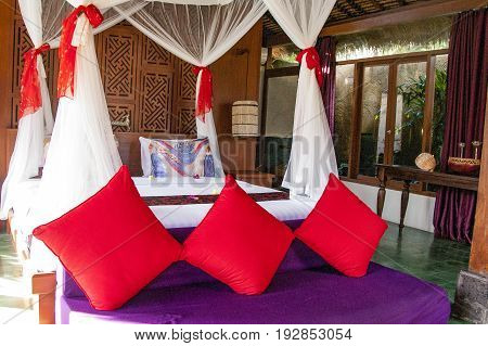 Bali Interior of luxury tropical bedroom Indonesia