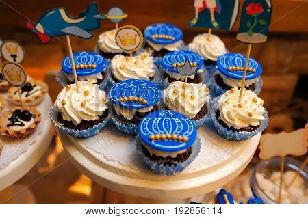 Sweet Cookies Muffins Basket With Cream