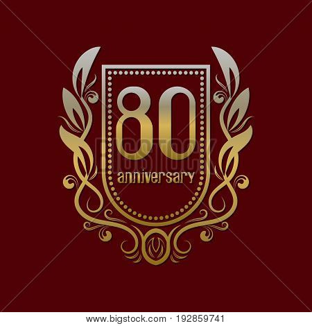 Eightieth anniversary vintage logo symbol. Golden emblem with numbers on shield in wreath.