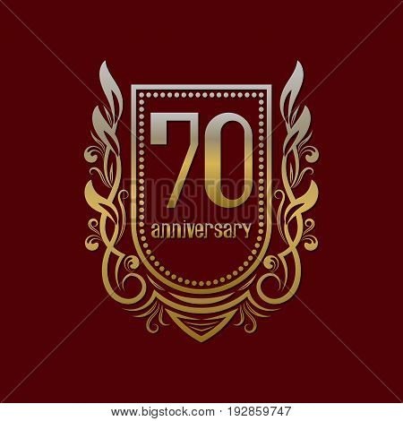Seventieth anniversary vintage logo symbol. Golden emblem with numbers on shield in wreath.