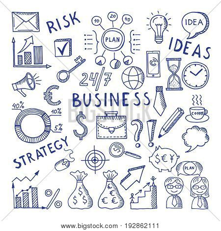 Sketches illustrations at business theme. Creative doodle vector icon set. Sketch doodle drawing business style creative, strategy risk and idea