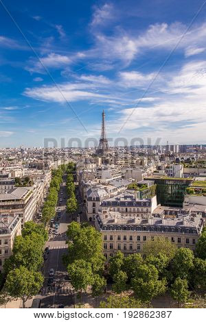 Summer view of Paris with Eiffel tower