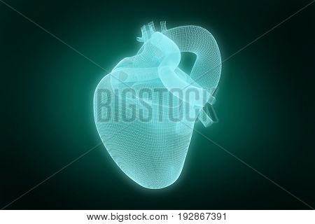 Vector image of blue 3d human heart against green background with vignette